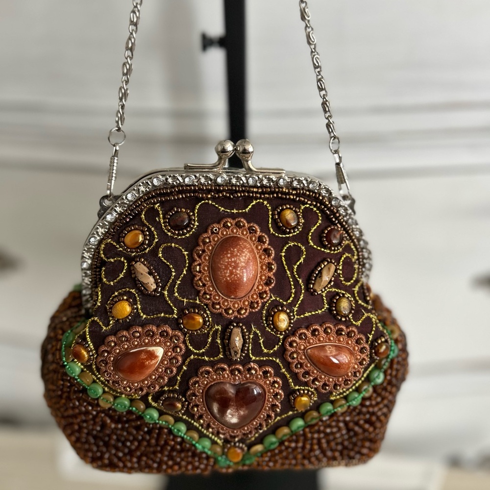 Vintage Beaded Evening Bag Clutch Purse Brown Stone Embellished Chain Strap‎